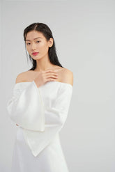 Off-Shoulder Long Sleeve Gown in Flowing Silk with Elegant Draped Silhouette